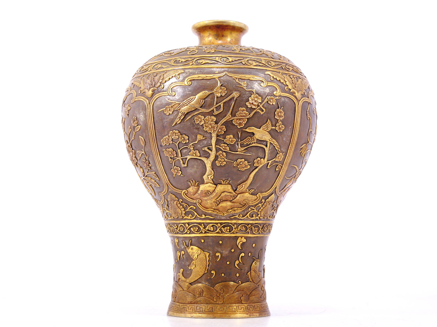 A perfect pair of gilt bronze and silver vases with flowers and birds