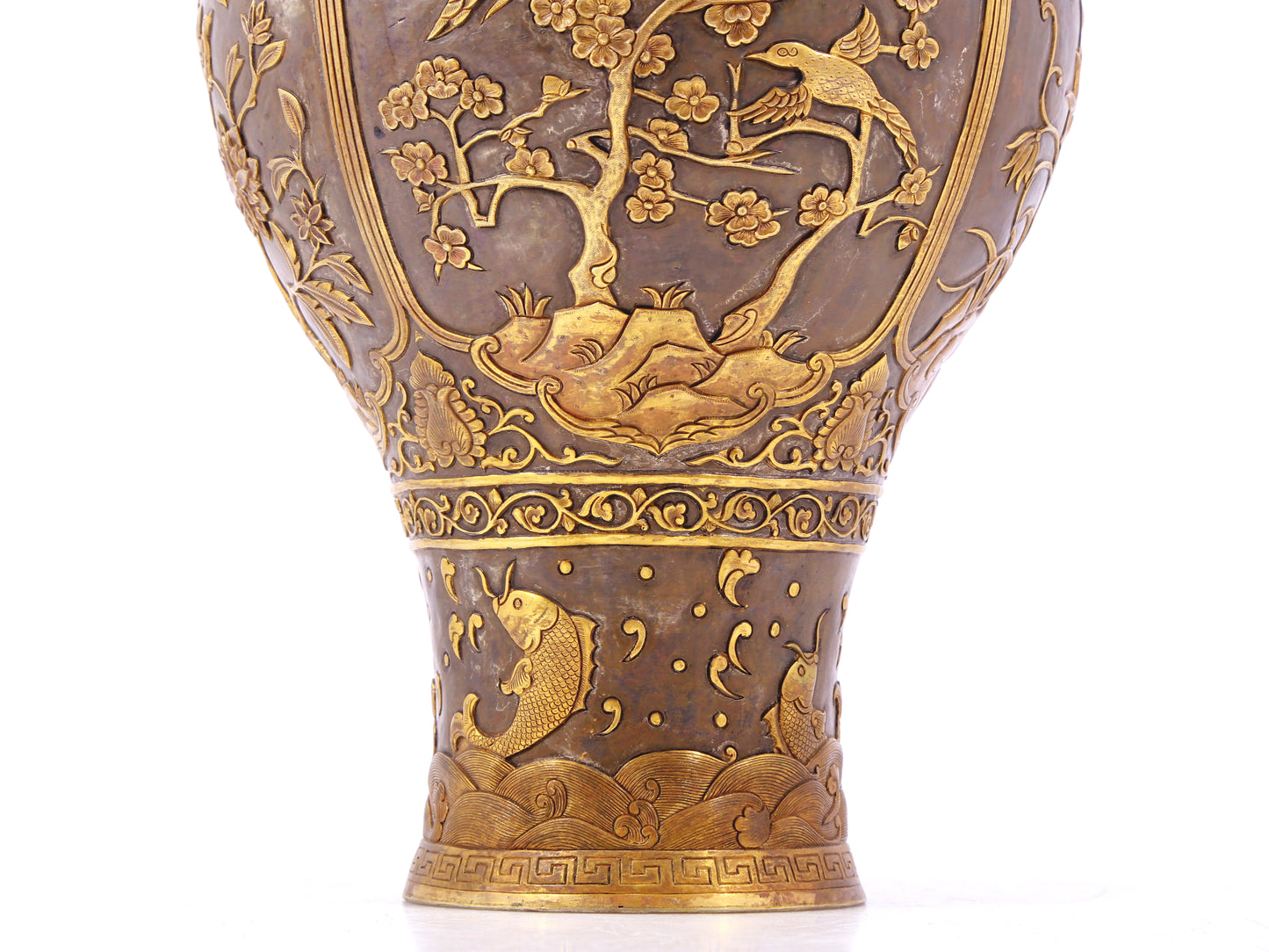 A perfect pair of gilt bronze and silver vases with flowers and birds