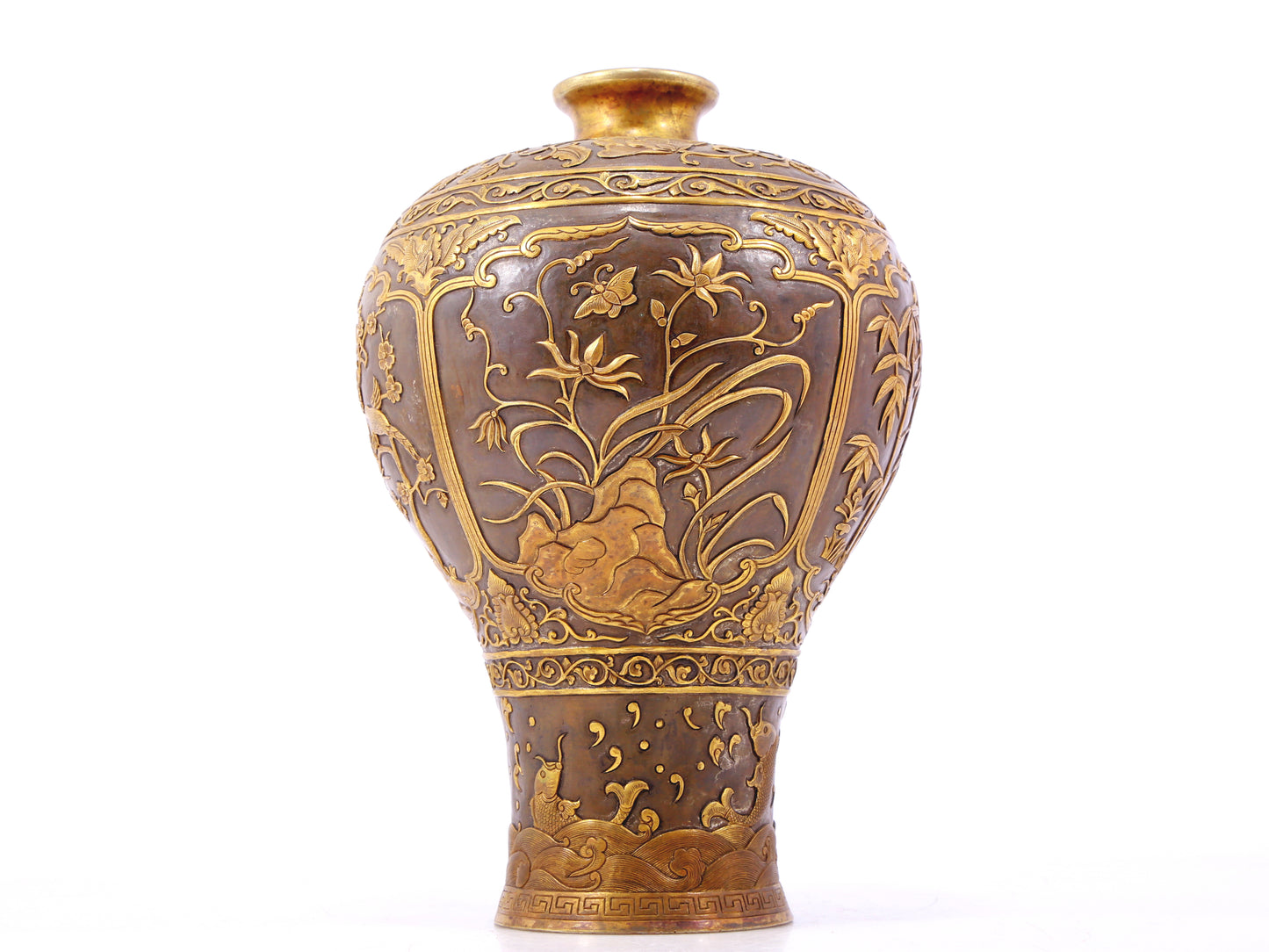 A perfect pair of gilt bronze and silver vases with flowers and birds