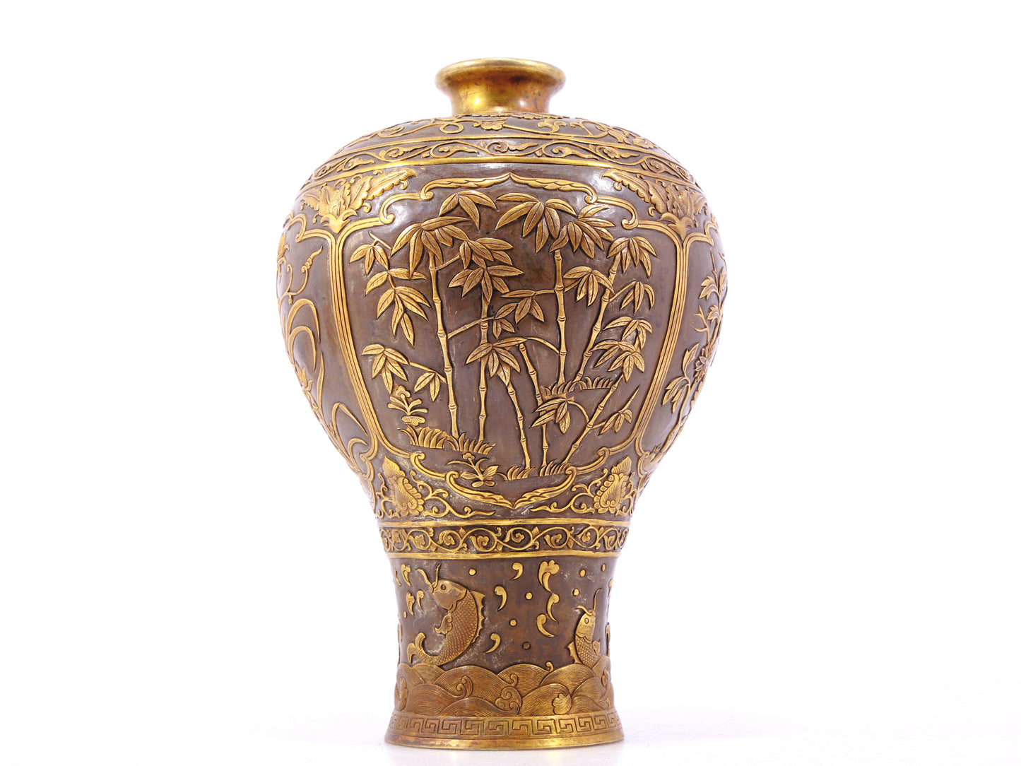 A perfect pair of gilt bronze and silver vases with flowers and birds