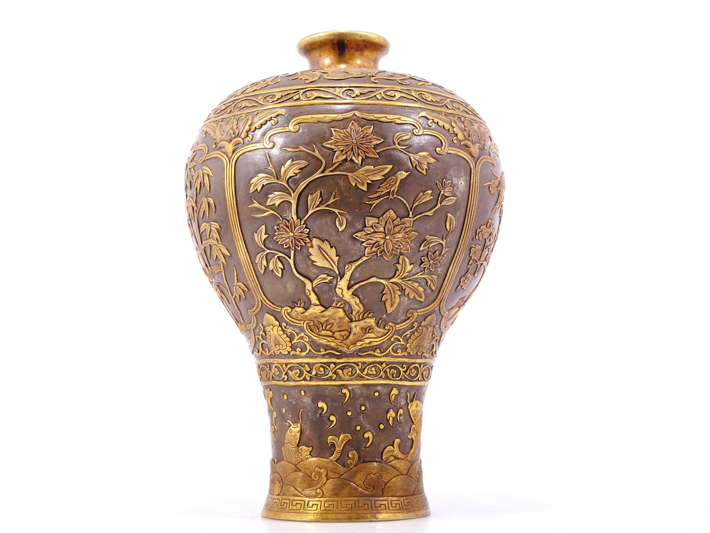 A perfect pair of gilt bronze and silver vases with flowers and birds