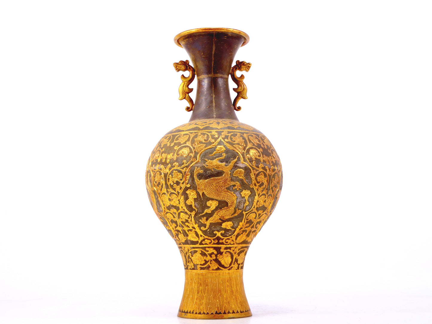 A perfect pair of gilt bronze amphora with lotus, auspicious and animal patterns