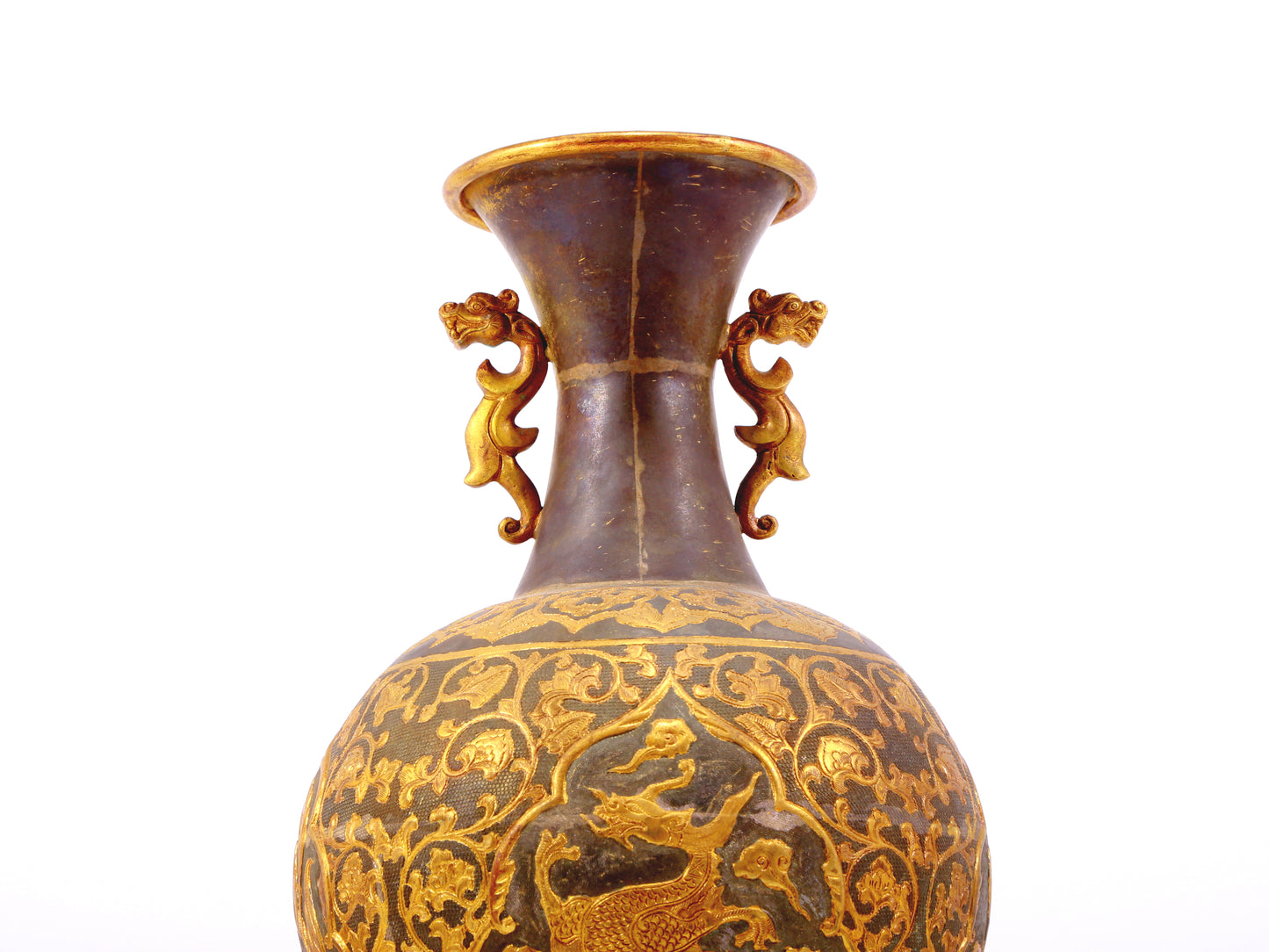 A perfect pair of gilt bronze amphora with lotus, auspicious and animal patterns