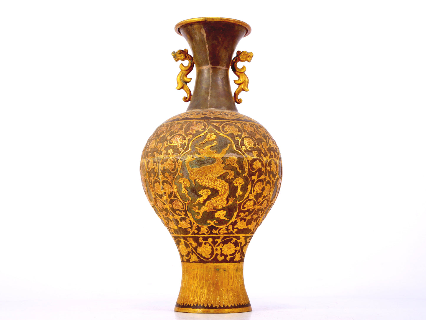 A perfect pair of gilt bronze amphora with lotus, auspicious and animal patterns