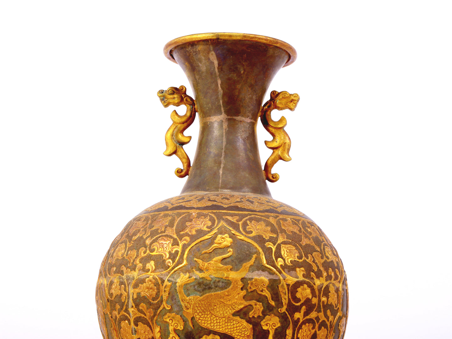 A perfect pair of gilt bronze amphora with lotus, auspicious and animal patterns