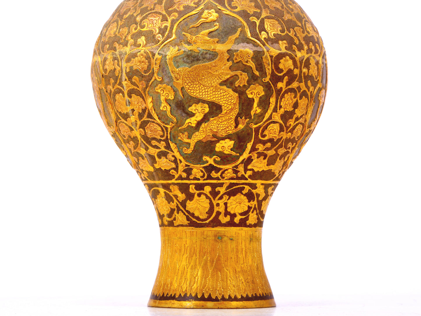 A perfect pair of gilt bronze amphora with lotus, auspicious and animal patterns