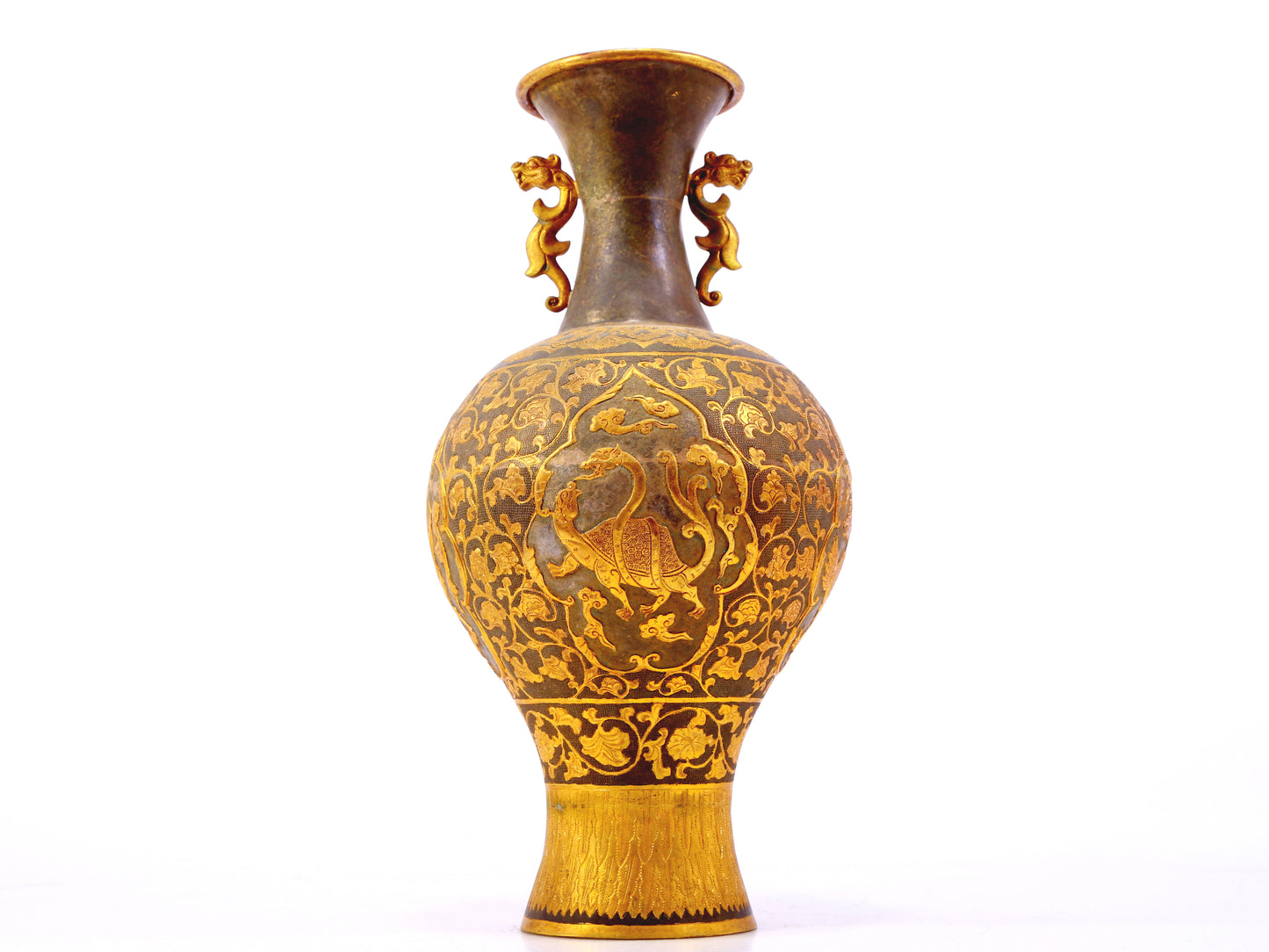 A perfect pair of gilt bronze amphora with lotus, auspicious and animal patterns