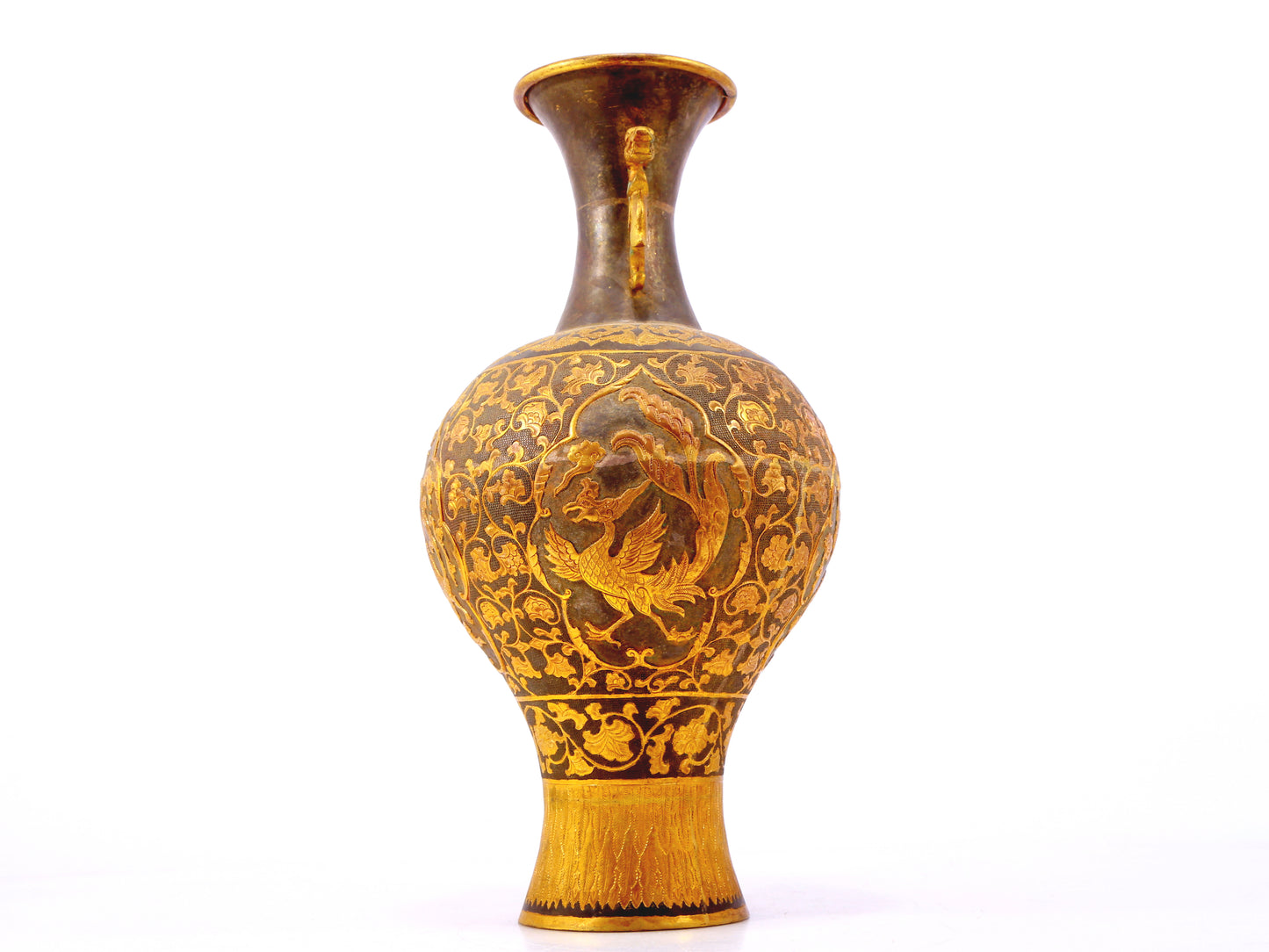 A perfect pair of gilt bronze amphora with lotus, auspicious and animal patterns