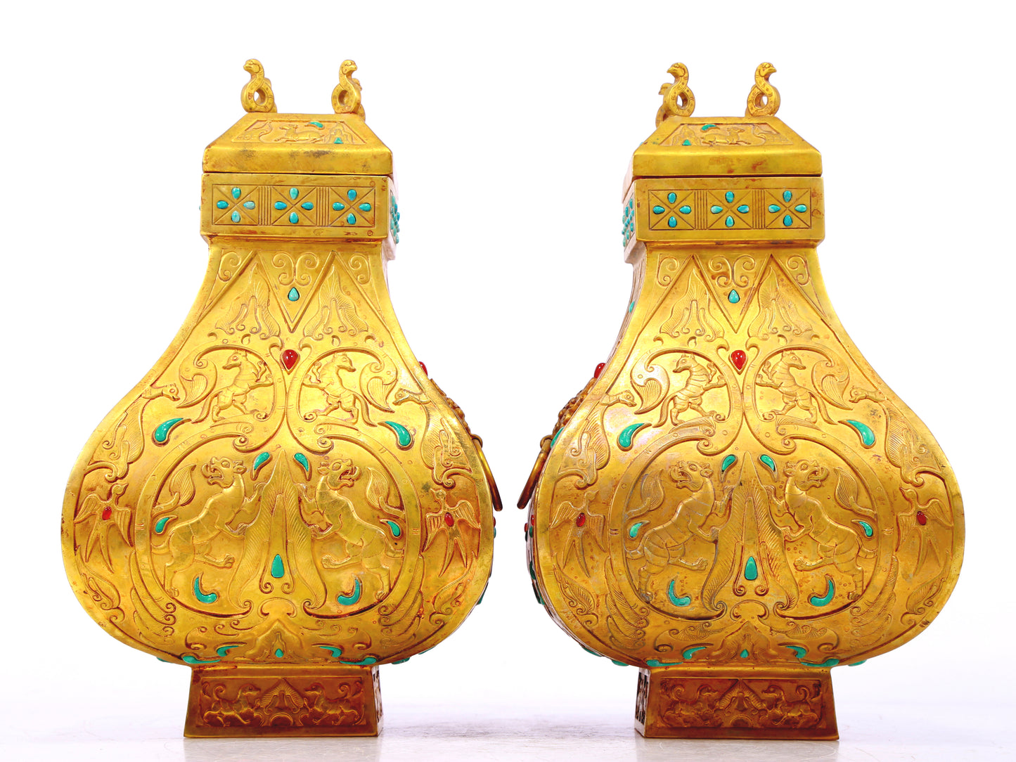 A perfect pair of gilt bronze amphora with lotus, auspicious and animal patterns