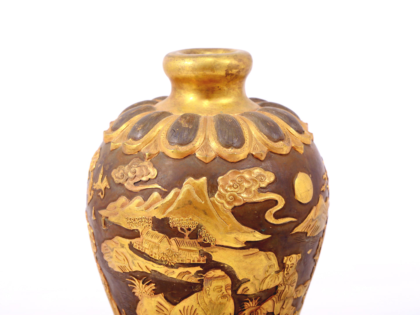 An exquisite gilt bronze vase with landscape and figure patterns