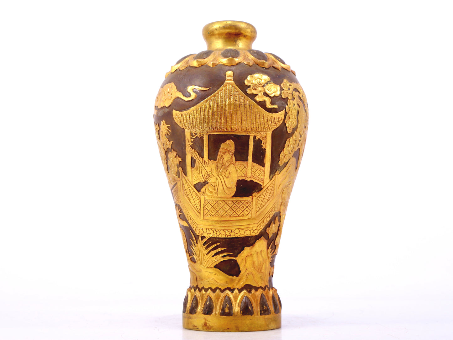 An exquisite gilt bronze vase with landscape and figure patterns