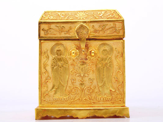 An exquisite gilt bronze image box of Gautama Buddha