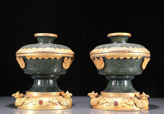 A Precious Pair Of Jasper Gold-Mounted 'Animal Mask' Bowls And Covers With Gilt-Bronze 'Phoenix' Stands