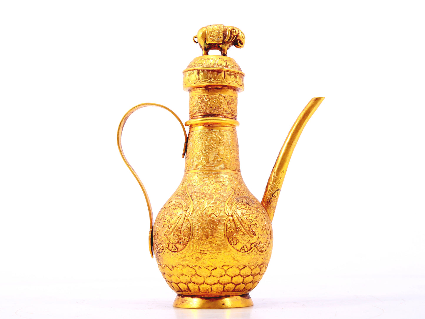 An exquisite gilt bronze ewer with lotus and dragon patterns wrapped around branches