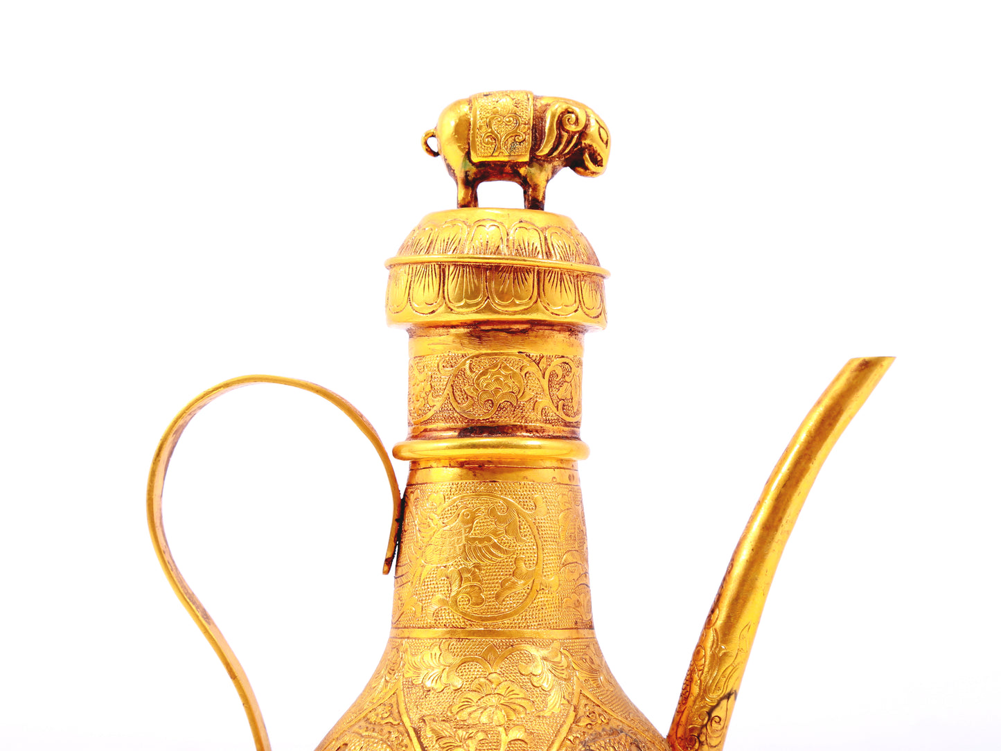 An exquisite gilt bronze ewer with lotus and dragon patterns wrapped around branches