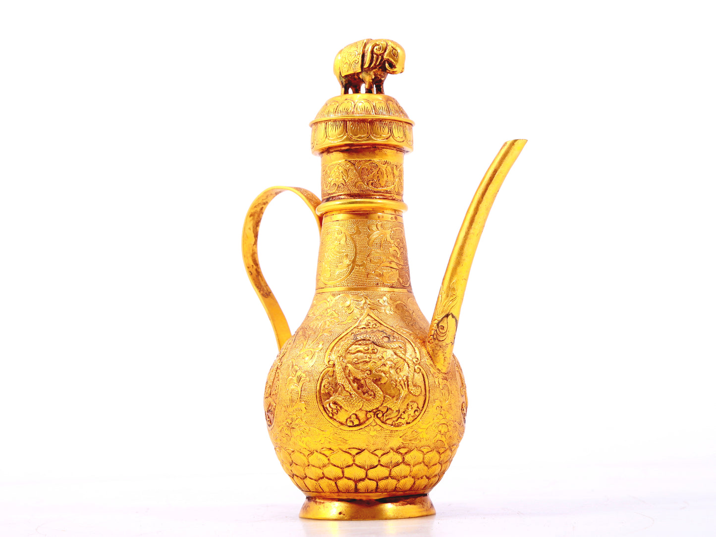 An exquisite gilt bronze ewer with lotus and dragon patterns wrapped around branches