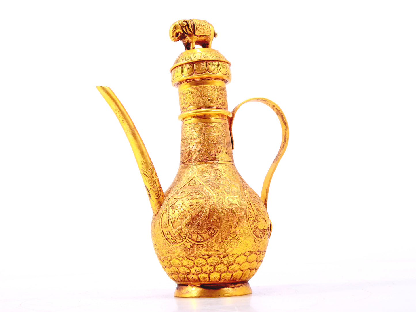 An exquisite gilt bronze ewer with lotus and dragon patterns wrapped around branches