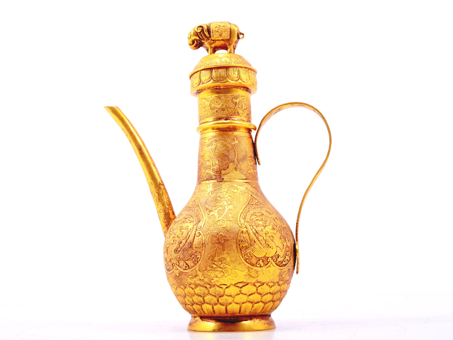 An exquisite gilt bronze ewer with lotus and dragon patterns wrapped around branches