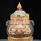 A Precious Jasper Gold-Mounted 'Animal Mask' Ram-Handled Jar With A Gilt-Silver Blueing 'Flower' Cover And Stand