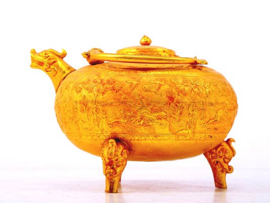 An exquisite gilt bronze three-legged hunting ewer