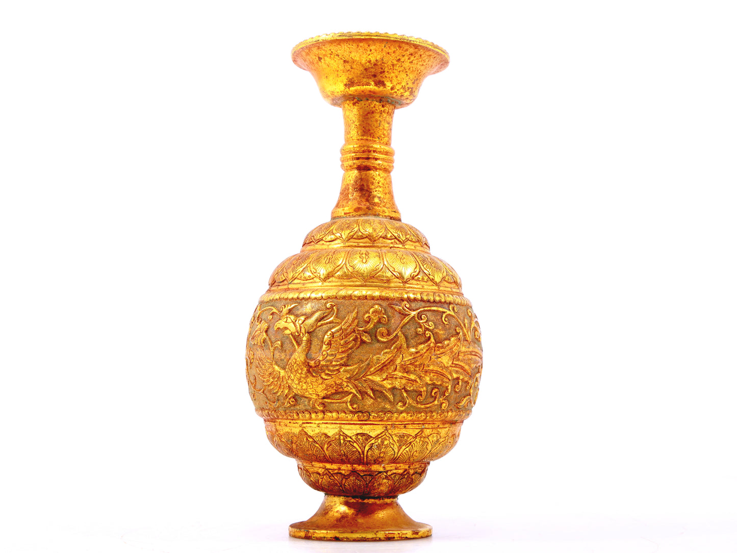 An exquisite gilt bronze vase with lotus and phoenix patterns wrapped around branches