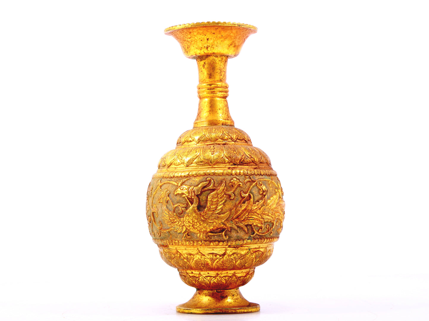 An exquisite gilt bronze vase with lotus and phoenix patterns wrapped around branches