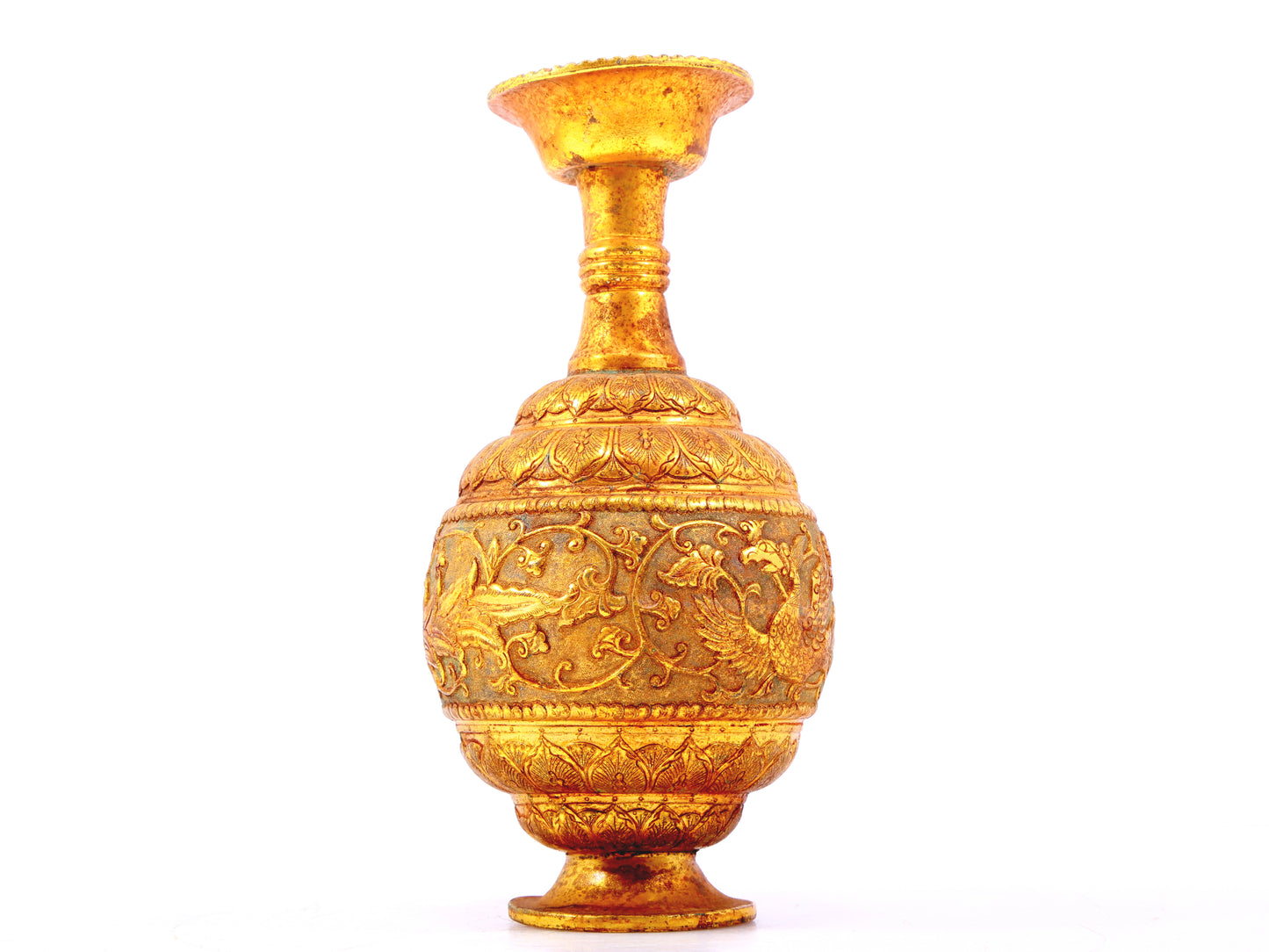 An exquisite gilt bronze vase with lotus and phoenix patterns wrapped around branches