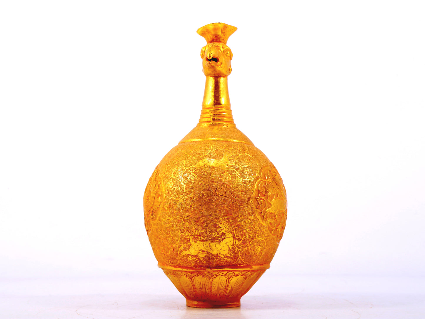 An exquisite gilt bronze vase with lotus and auspicious animal patterns