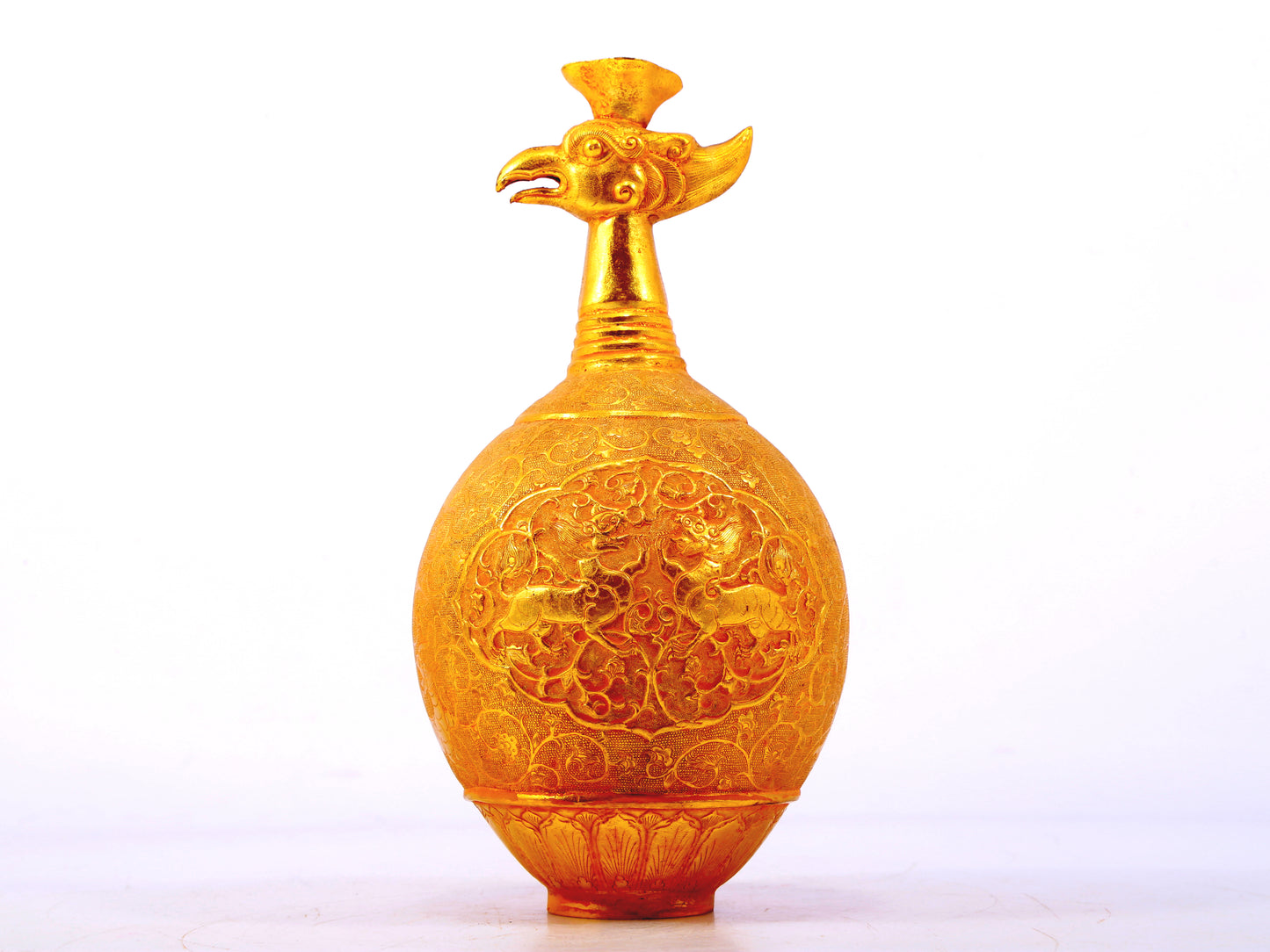 An exquisite gilt bronze vase with lotus and auspicious animal patterns