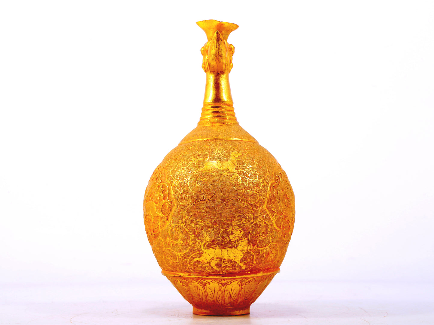 An exquisite gilt bronze vase with lotus and auspicious animal patterns