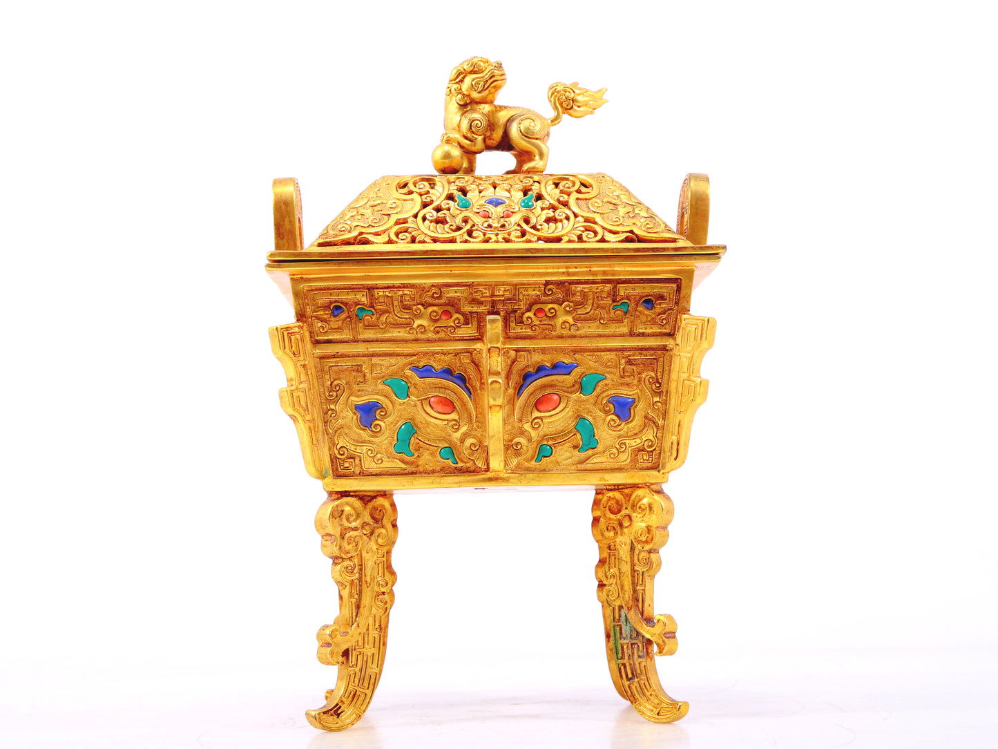 An exquisite gilt bronze censer with two ears and four legs inlaid with treasures and animal masks, with lid