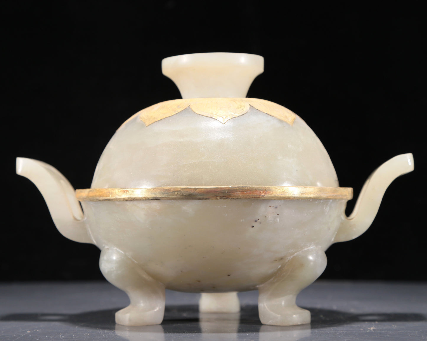 A Precious White Jade Gold-Mounted Tripod Censer And Cover