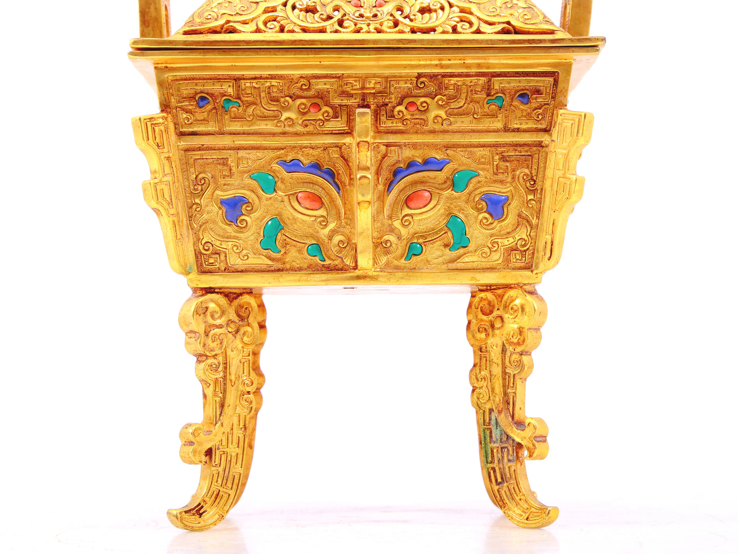 An exquisite gilt bronze censer with two ears and four legs inlaid with treasures and animal masks, with lid