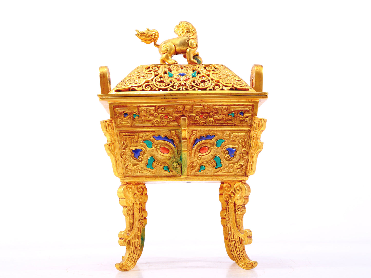 An exquisite gilt bronze censer with two ears and four legs inlaid with treasures and animal masks, with lid