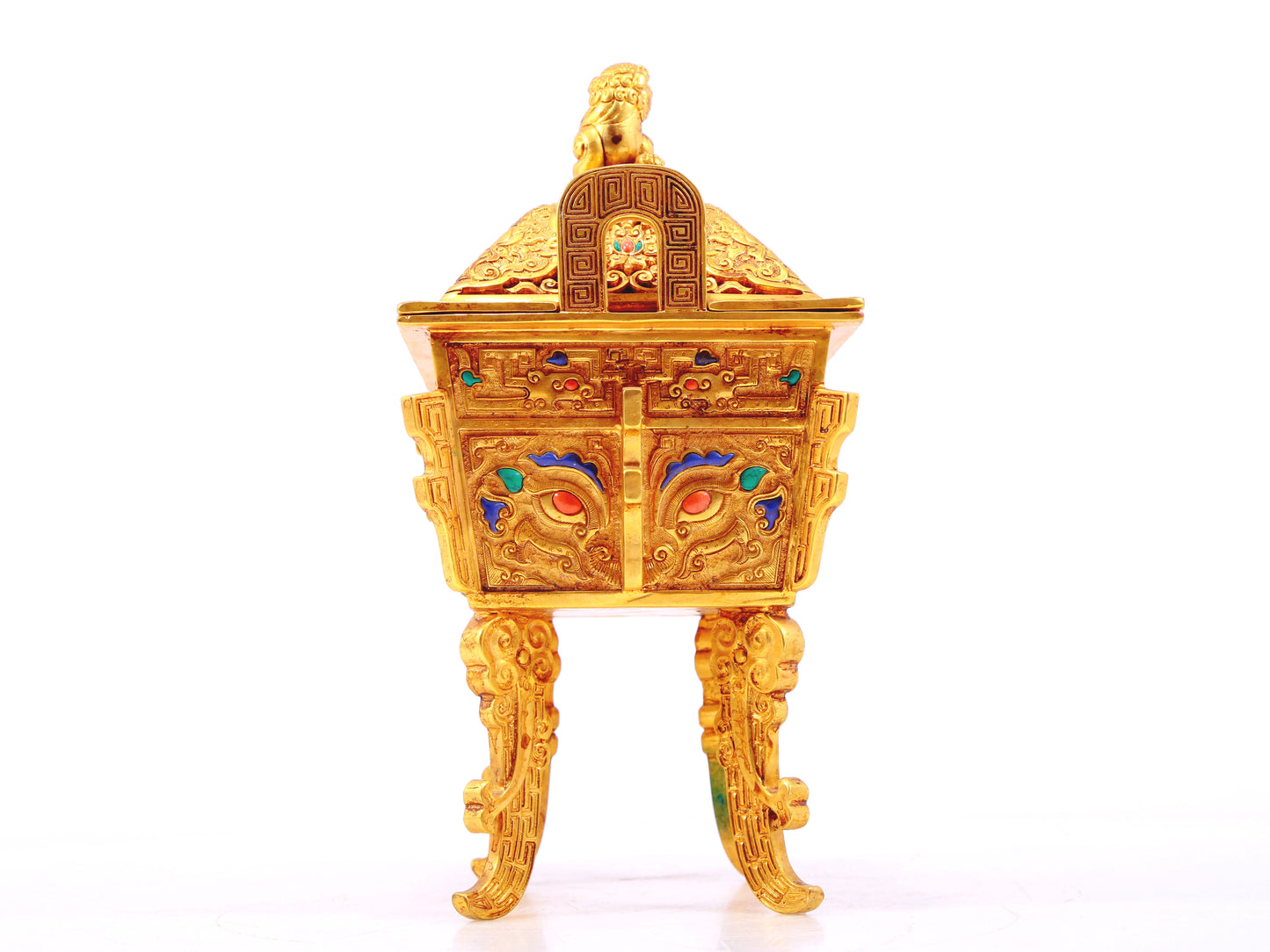 An exquisite gilt bronze censer with two ears and four legs inlaid with treasures and animal masks, with lid