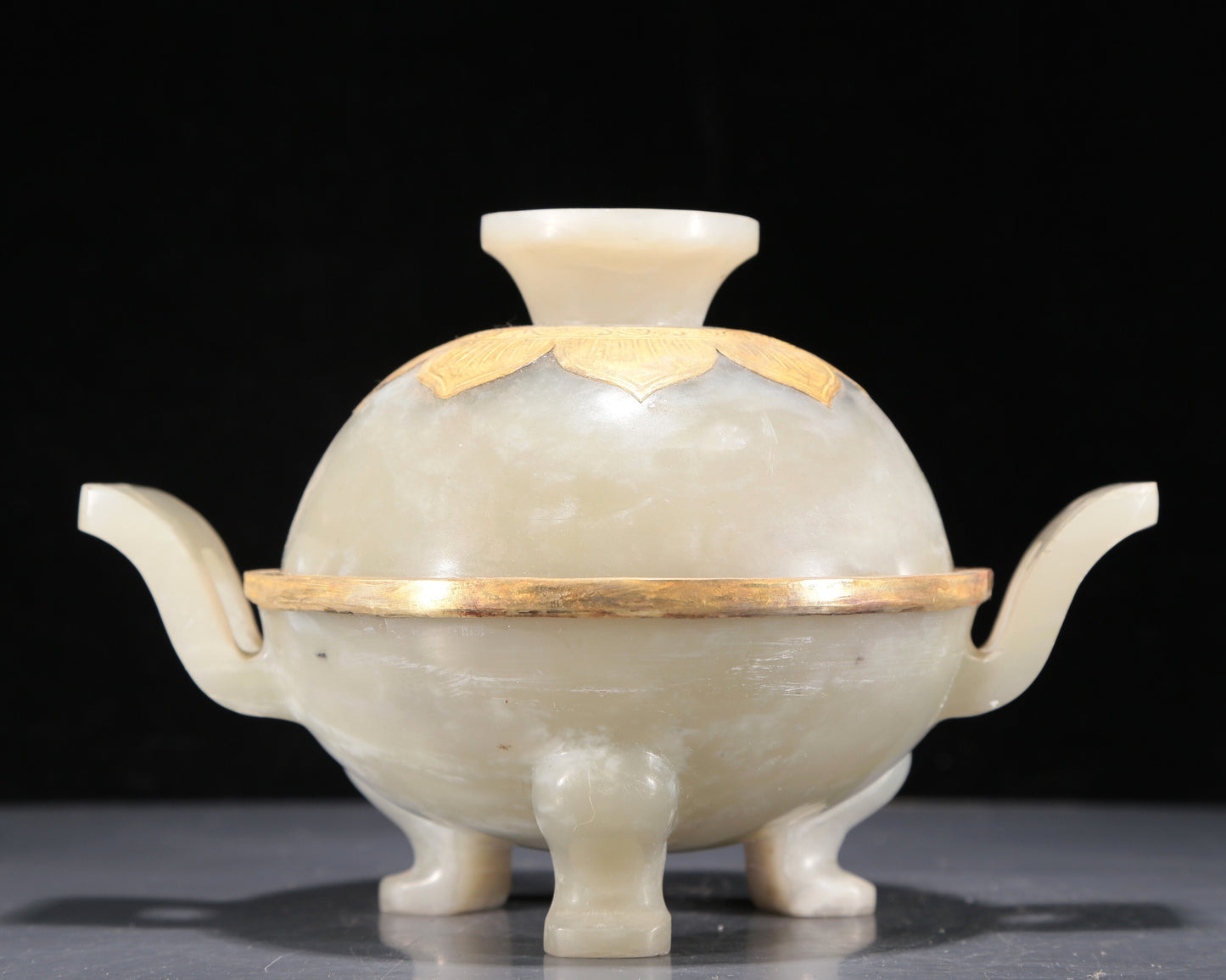 A Precious White Jade Gold-Mounted Tripod Censer And Cover