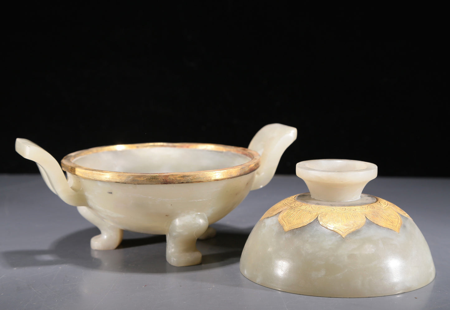 A Precious White Jade Gold-Mounted Tripod Censer And Cover