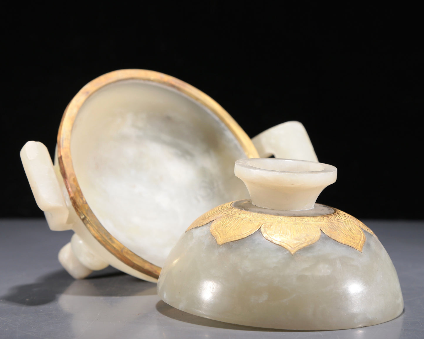 A Precious White Jade Gold-Mounted Tripod Censer And Cover