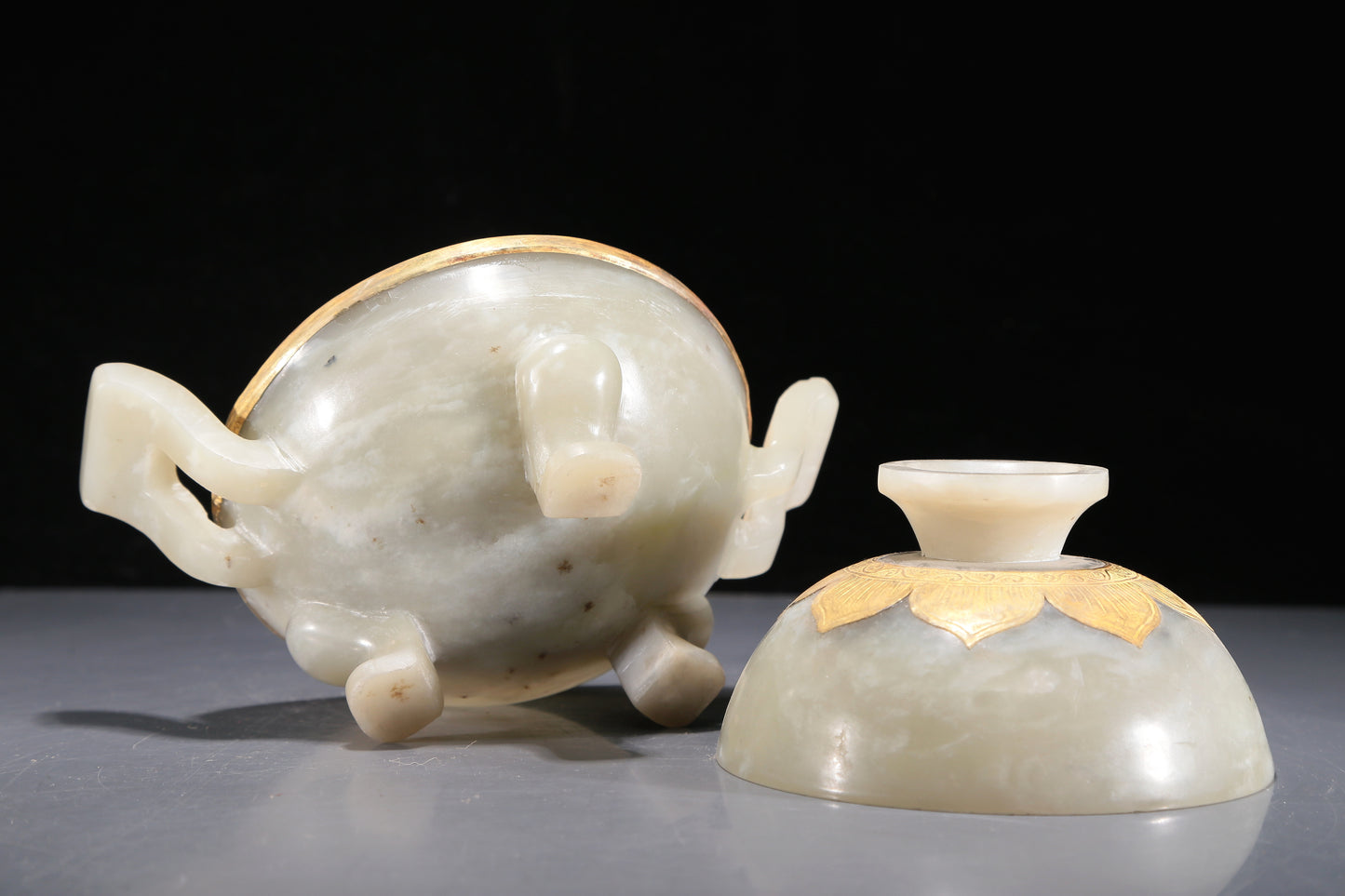 A Precious White Jade Gold-Mounted Tripod Censer And Cover