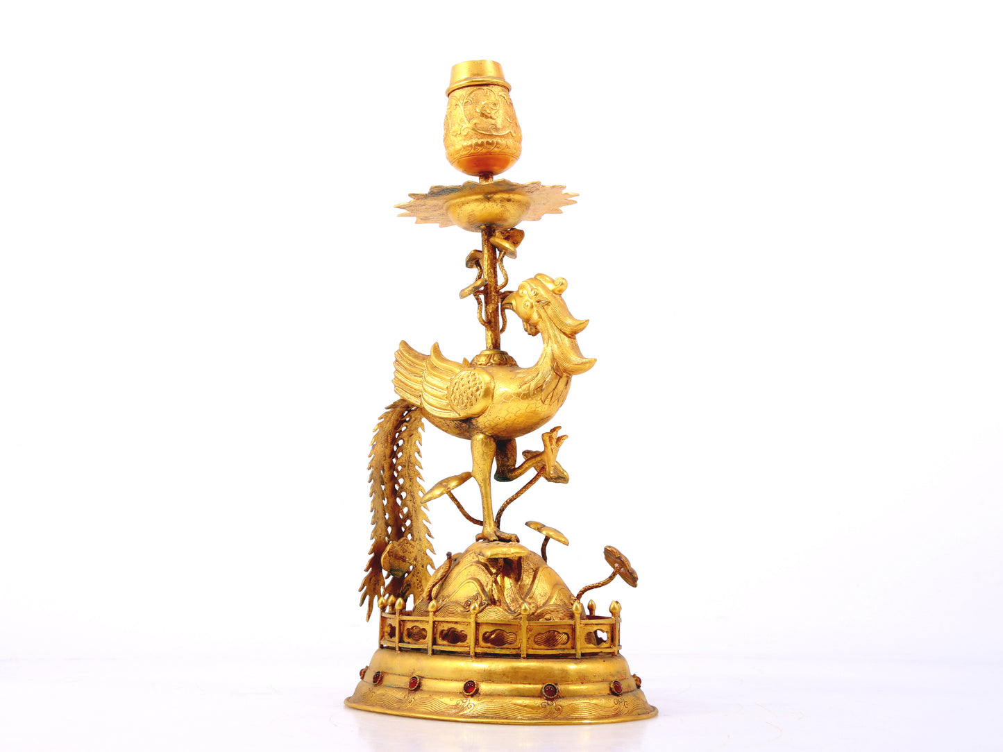 A pair of exquisite gilt bronze phoenix candlesticks