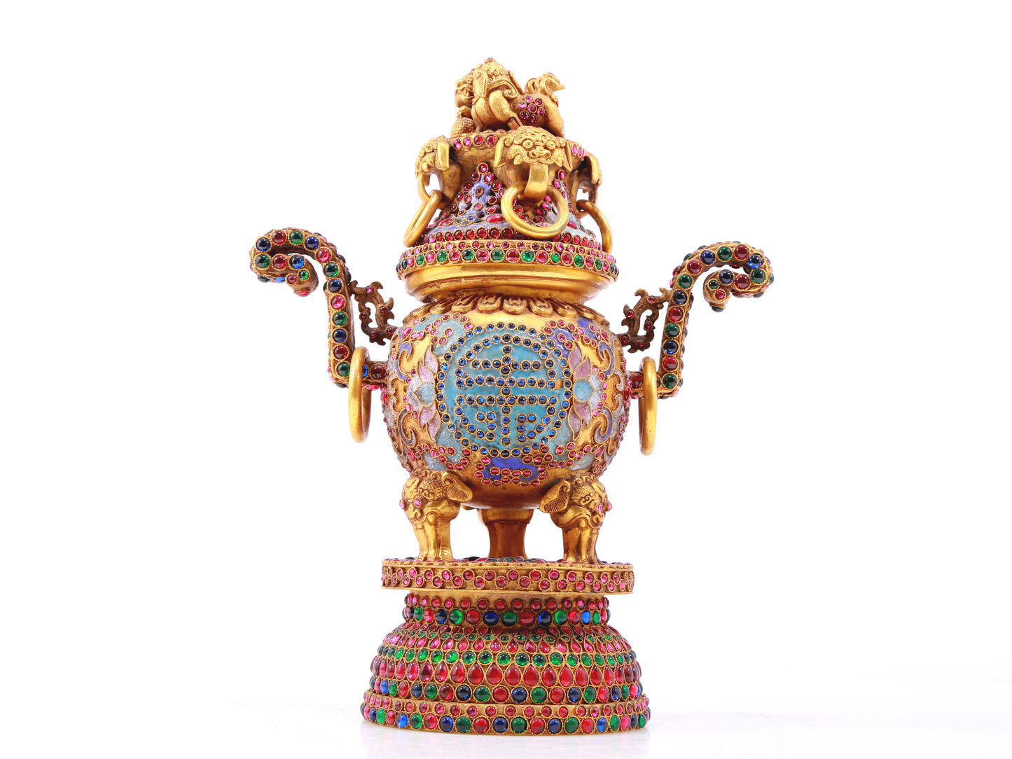 An exquisite gilt bronze censer with two ears and three legs inlaid with hundreds of treasures and lotus pattern, with a lid.