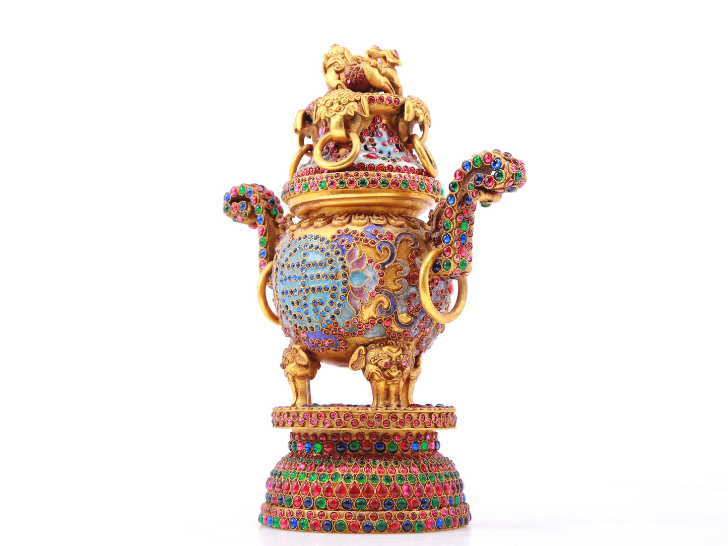 An exquisite gilt bronze censer with two ears and three legs inlaid with hundreds of treasures and lotus pattern, with a lid.