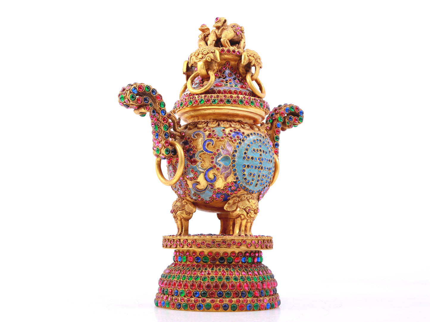 An exquisite gilt bronze censer with two ears and three legs inlaid with hundreds of treasures and lotus pattern, with a lid.