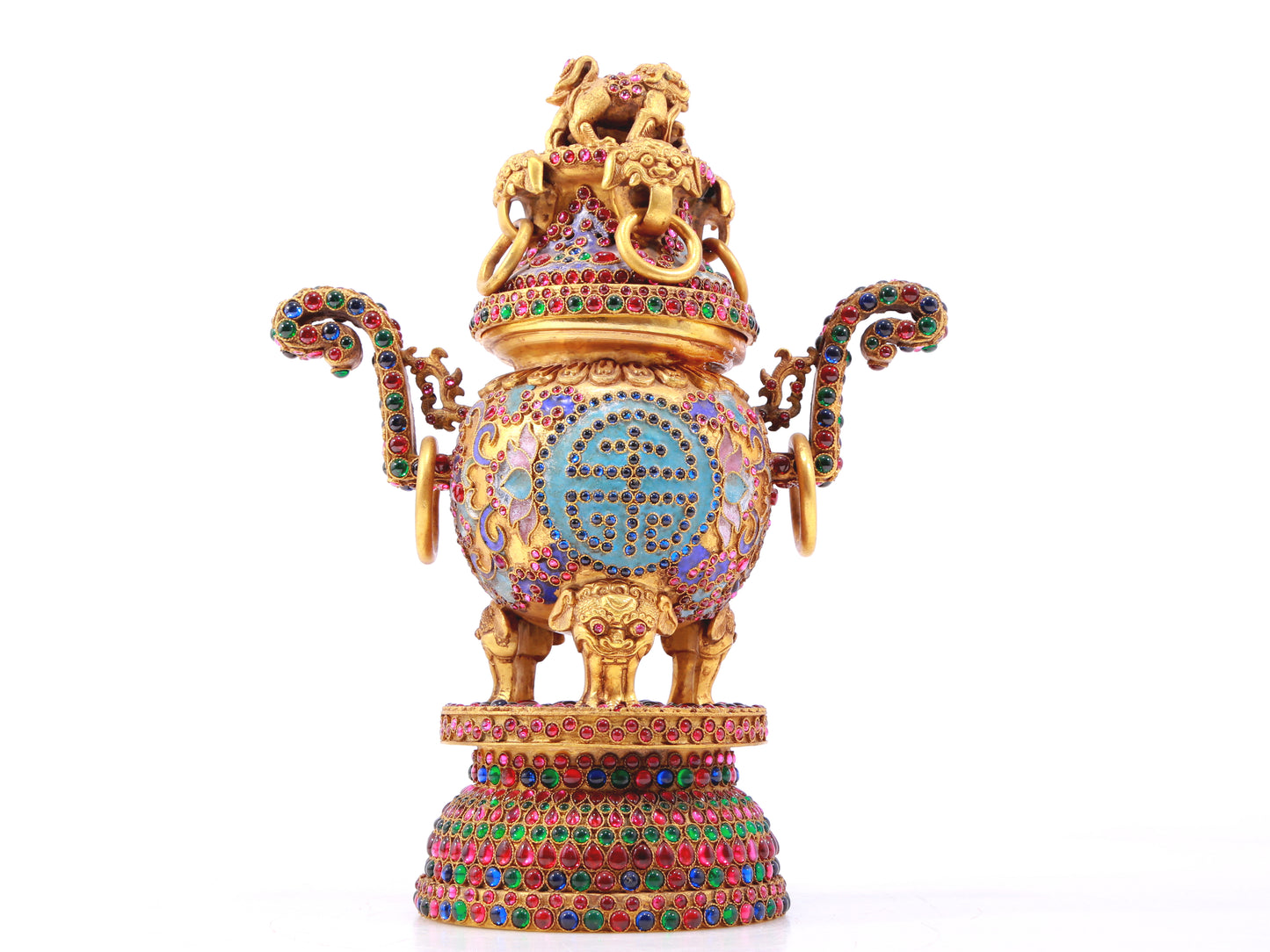 An exquisite gilt bronze censer with two ears and three legs inlaid with hundreds of treasures and lotus pattern, with a lid.