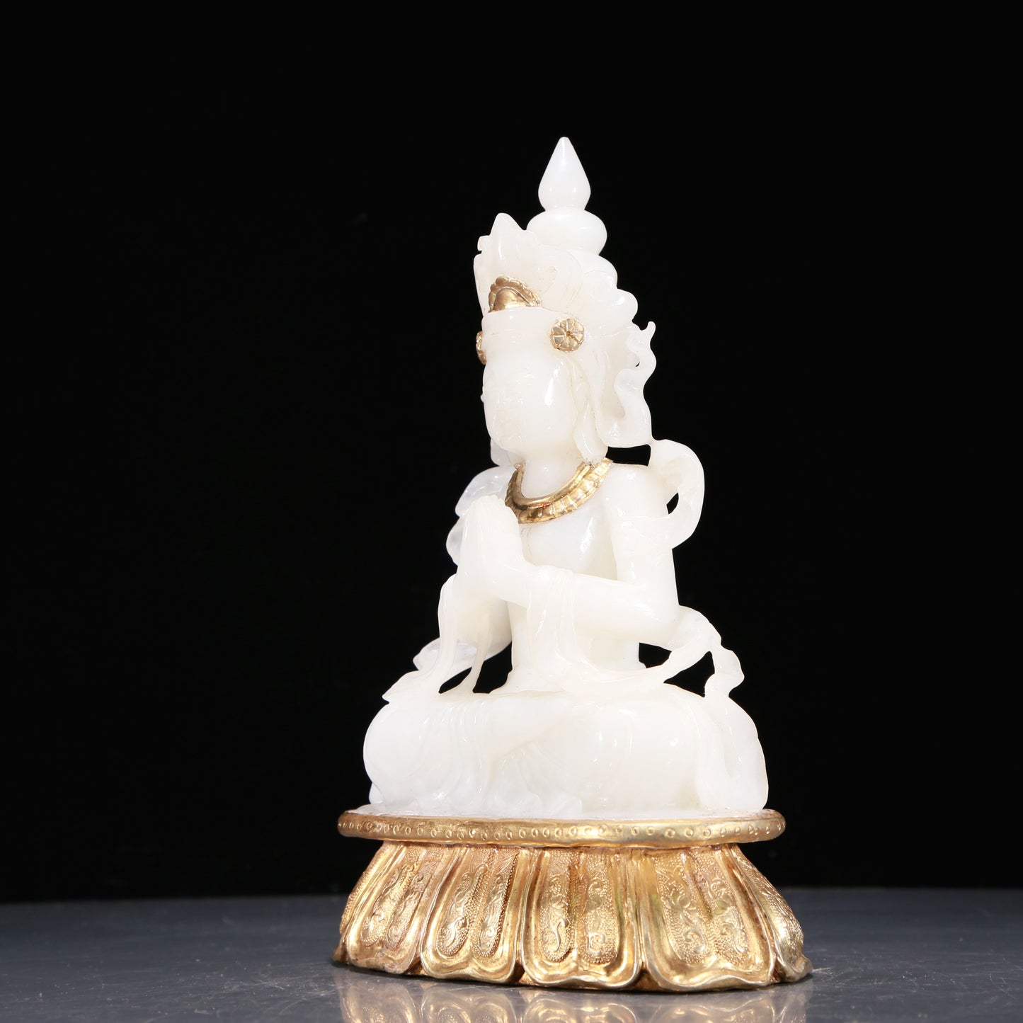 Precious White Jade Gold-Mounted Figure Of Bodhisattva