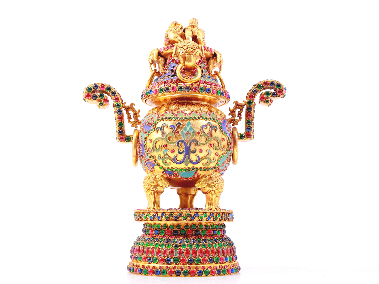 An exquisite gilt bronze censer with two ears and three legs inlaid with hundreds of treasures and lotus pattern.