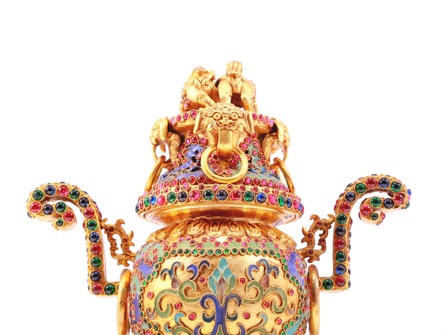 An exquisite gilt bronze censer with two ears and three legs inlaid with hundreds of treasures and lotus pattern.