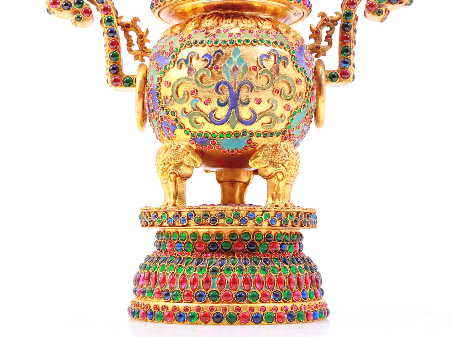 An exquisite gilt bronze censer with two ears and three legs inlaid with hundreds of treasures and lotus pattern.