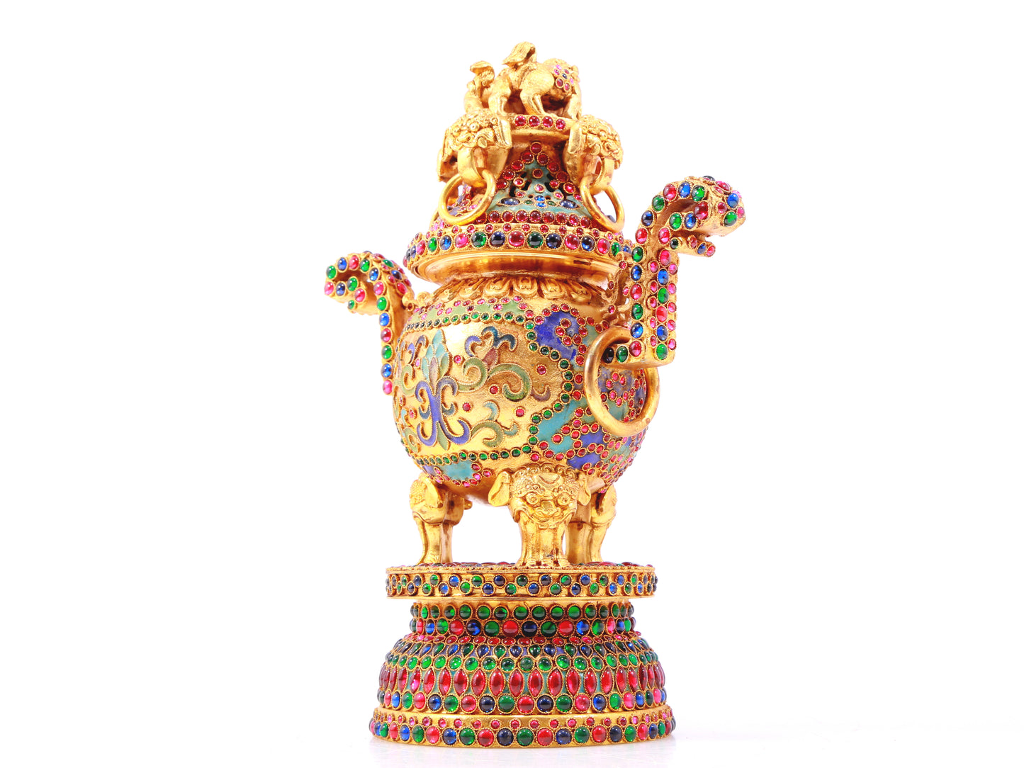 An exquisite gilt bronze censer with two ears and three legs inlaid with hundreds of treasures and lotus pattern.