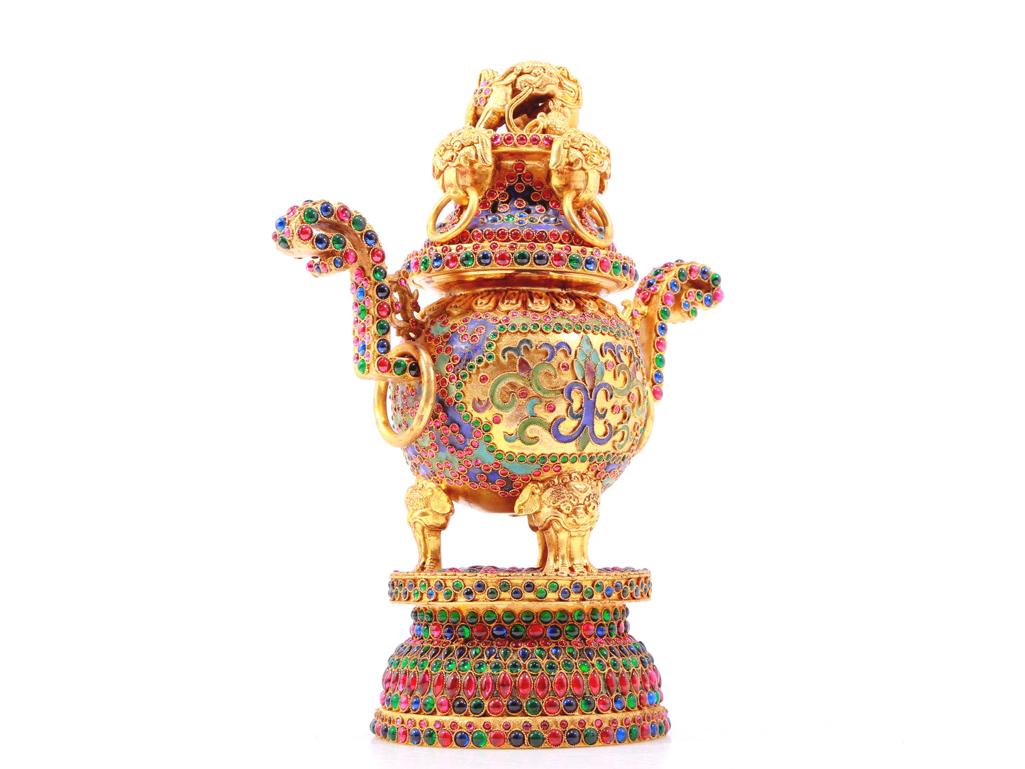 An exquisite gilt bronze censer with two ears and three legs inlaid with hundreds of treasures and lotus pattern.